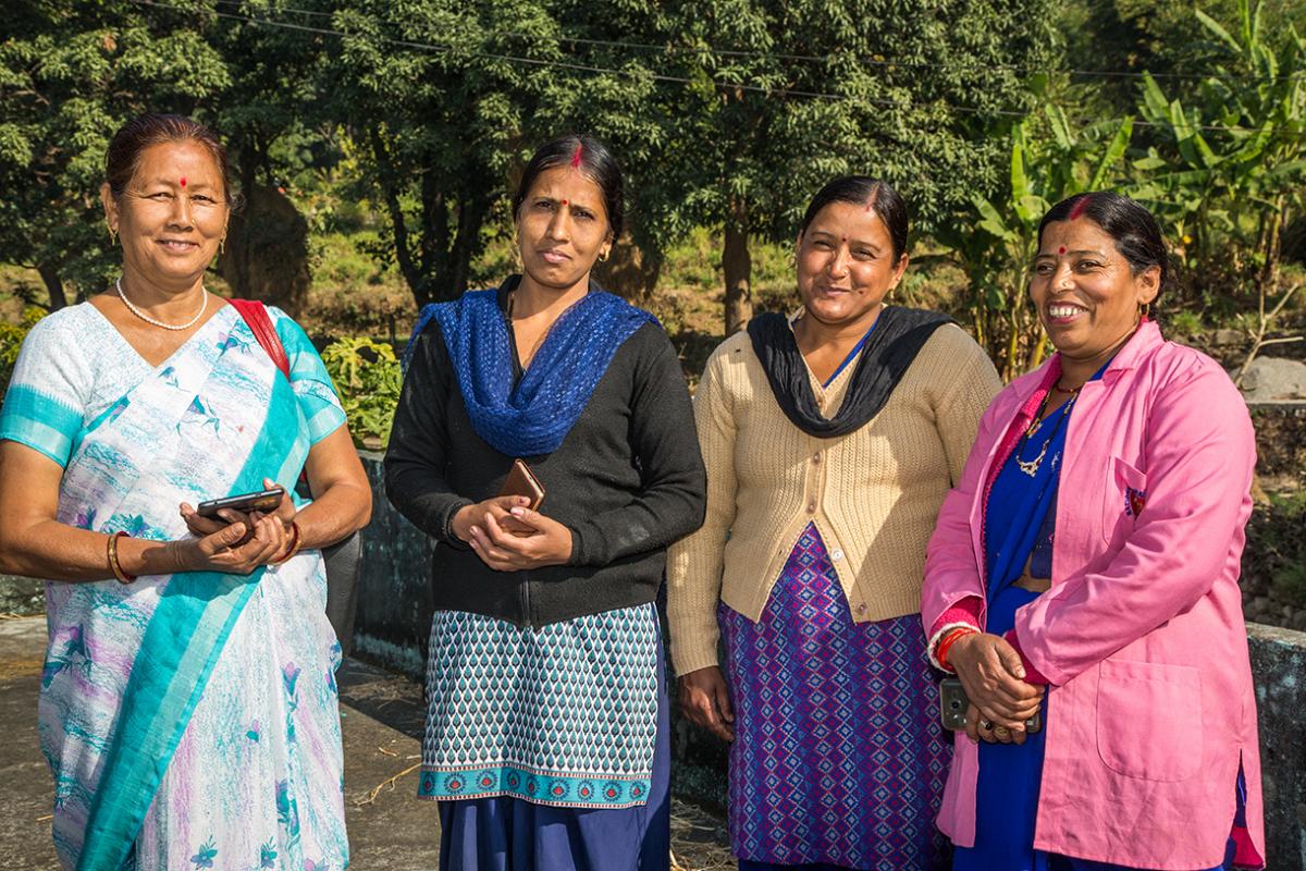 Saraswati and Prabha flank the other two frontline health workers in Aamsaur village